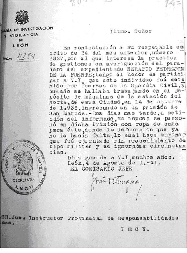 Un documento de 1941 donde las autoridades "suponen" que Serapio Pedrejón fue 'paseado' en 1936. Documento cedido por la Fundación Banca Fernández-Llamazares.